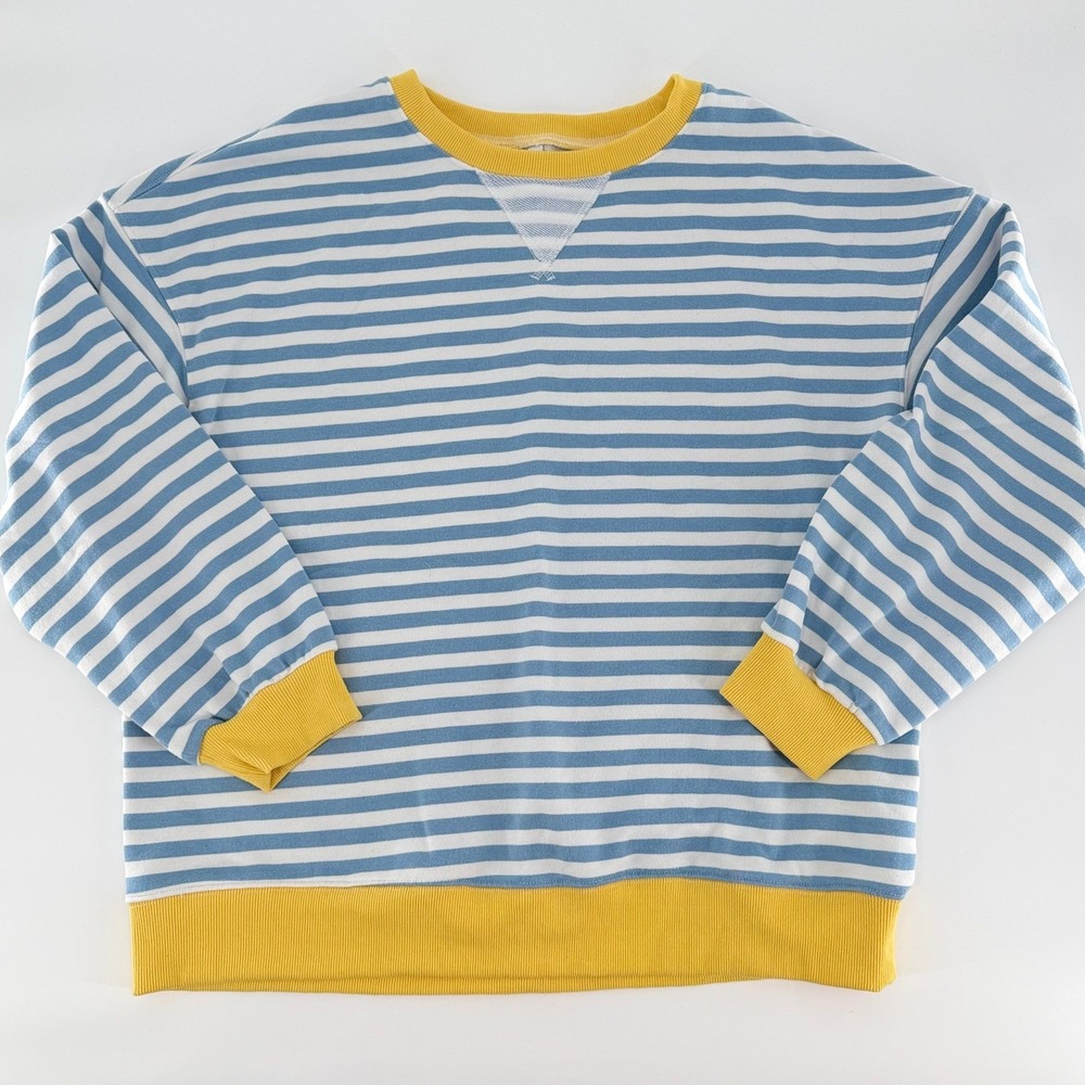 UNBRANDED Blue White Striped Sweatshirt Yellow Trim Long Sleeve Pullover Large